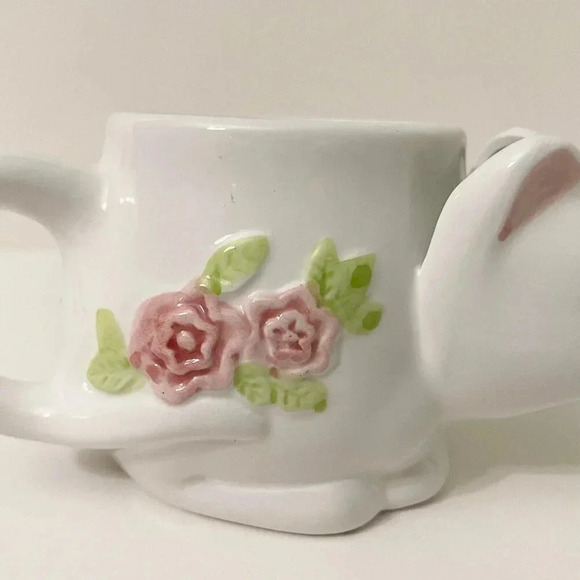 Vtg White Ceramic Kitty Cat Pink Flowers  Tea Bag Holder Cup Mug Small Chip - Picture 11 of 16